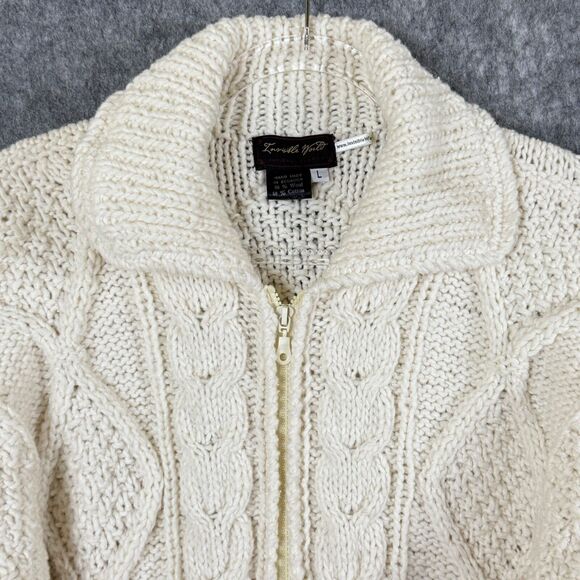 Invisible World Mens L Zip-Front Cardigan Sweater Chunky Knit Fisherman Ivory - Picture 2 of 11